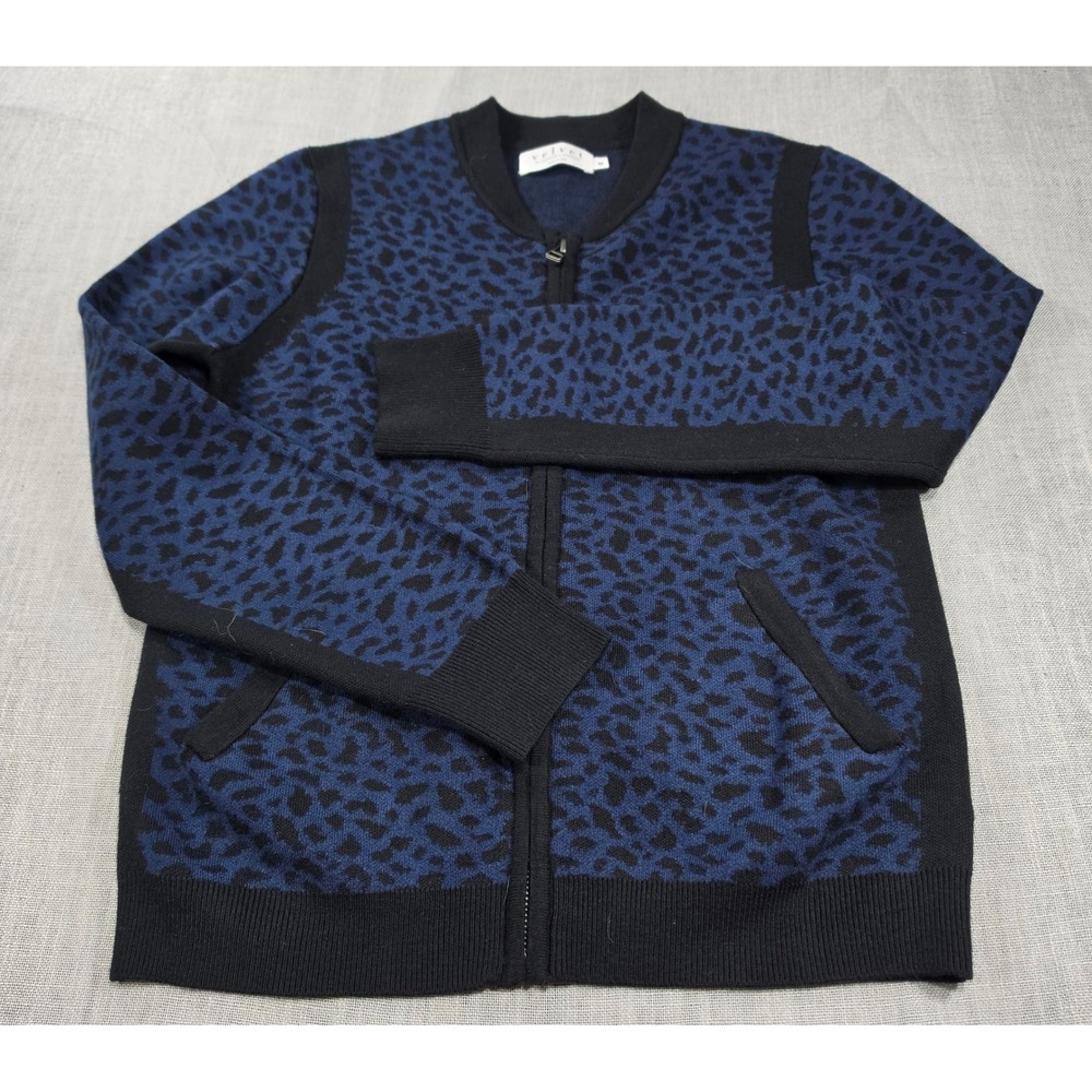 Velvet Bomber Jacket Womens Medium Blue Excellent Leopard Print Zip Up Sweater